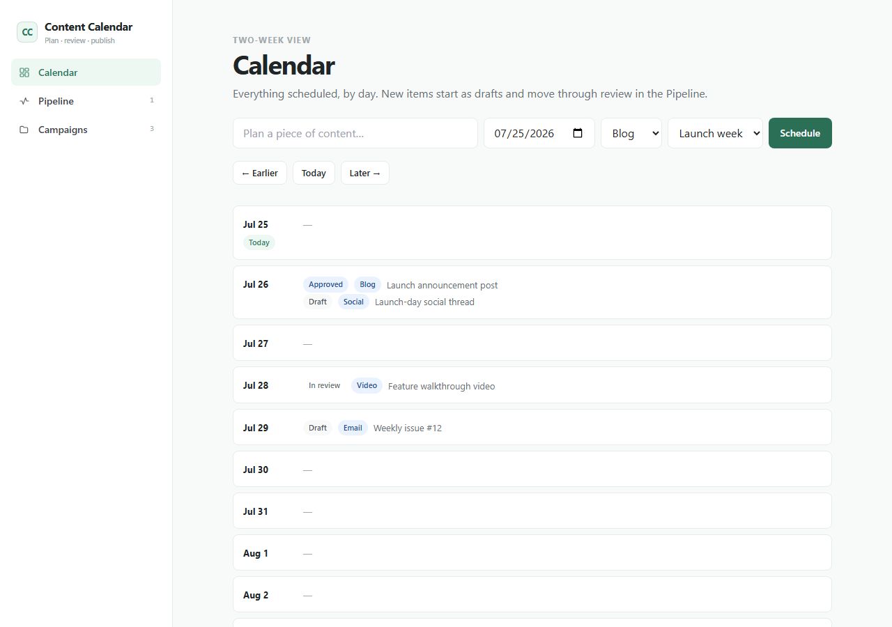 Content Calendar: Calendar plan