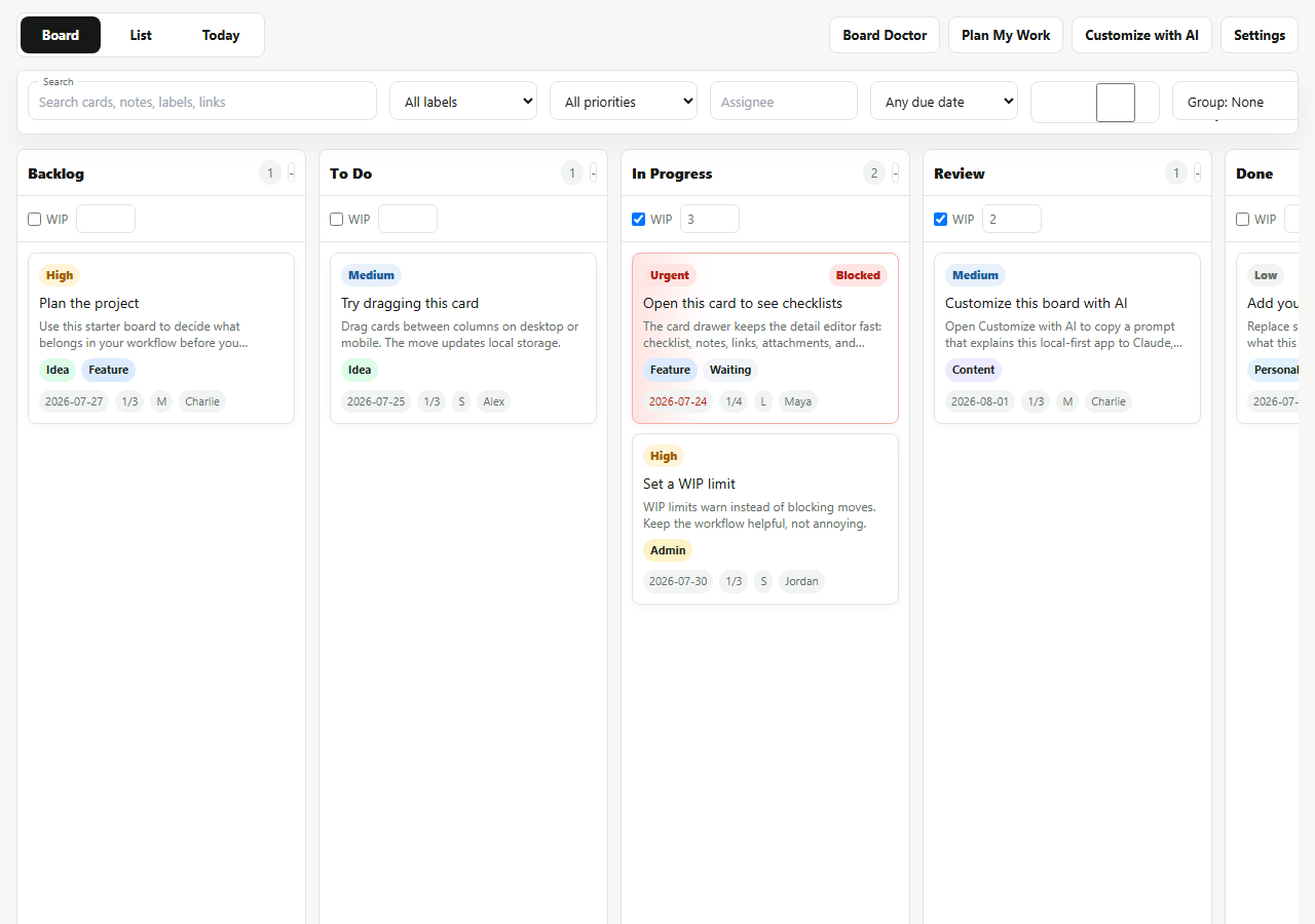 Kanban Board Template App: Board view