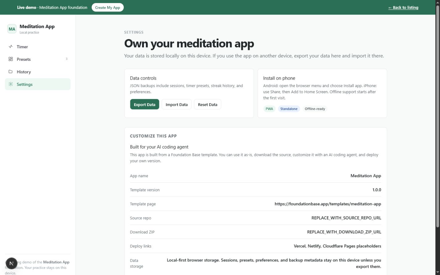 Meditation App settings showing JSON export, import, reset controls, PWA installation guidance, and AI customization information