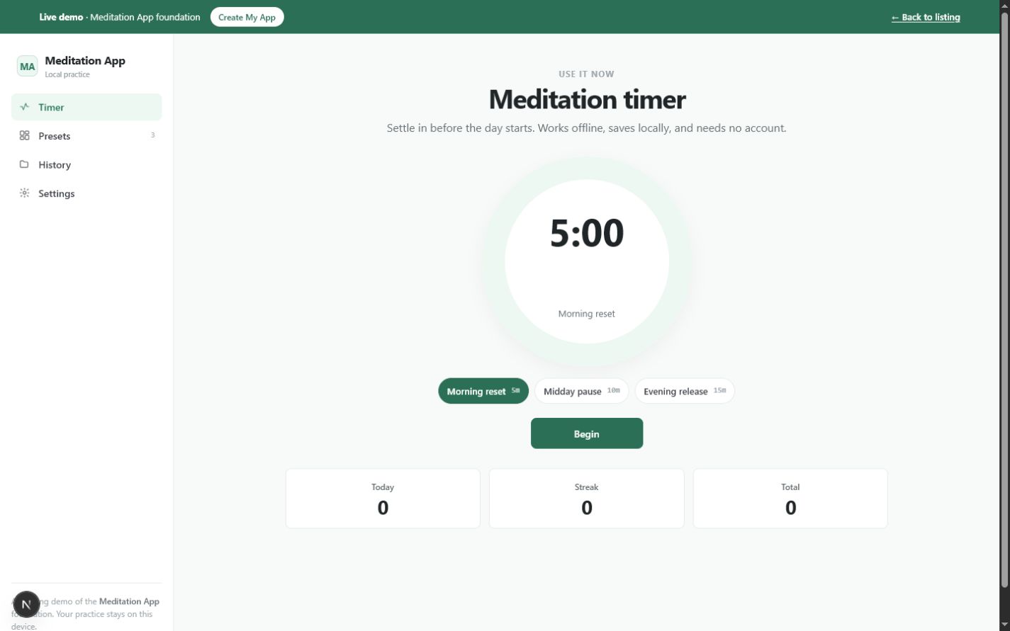 Meditation timer showing the selected Morning reset preset, five-minute countdown, preset choices, and local practice totals