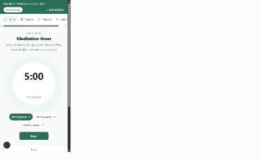 Mobile meditation timer with a circular countdown, Begin button, and phone navigation